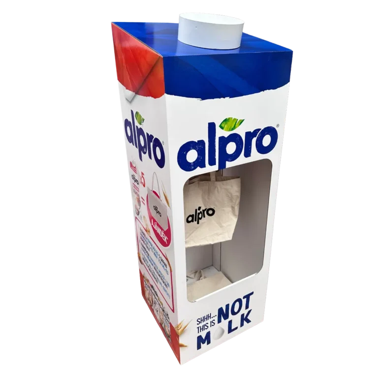 Alpro egyedi hullámkarton display növényi tejitalokhoz, karton POS megjelenítő állvány szupermarketekbe
