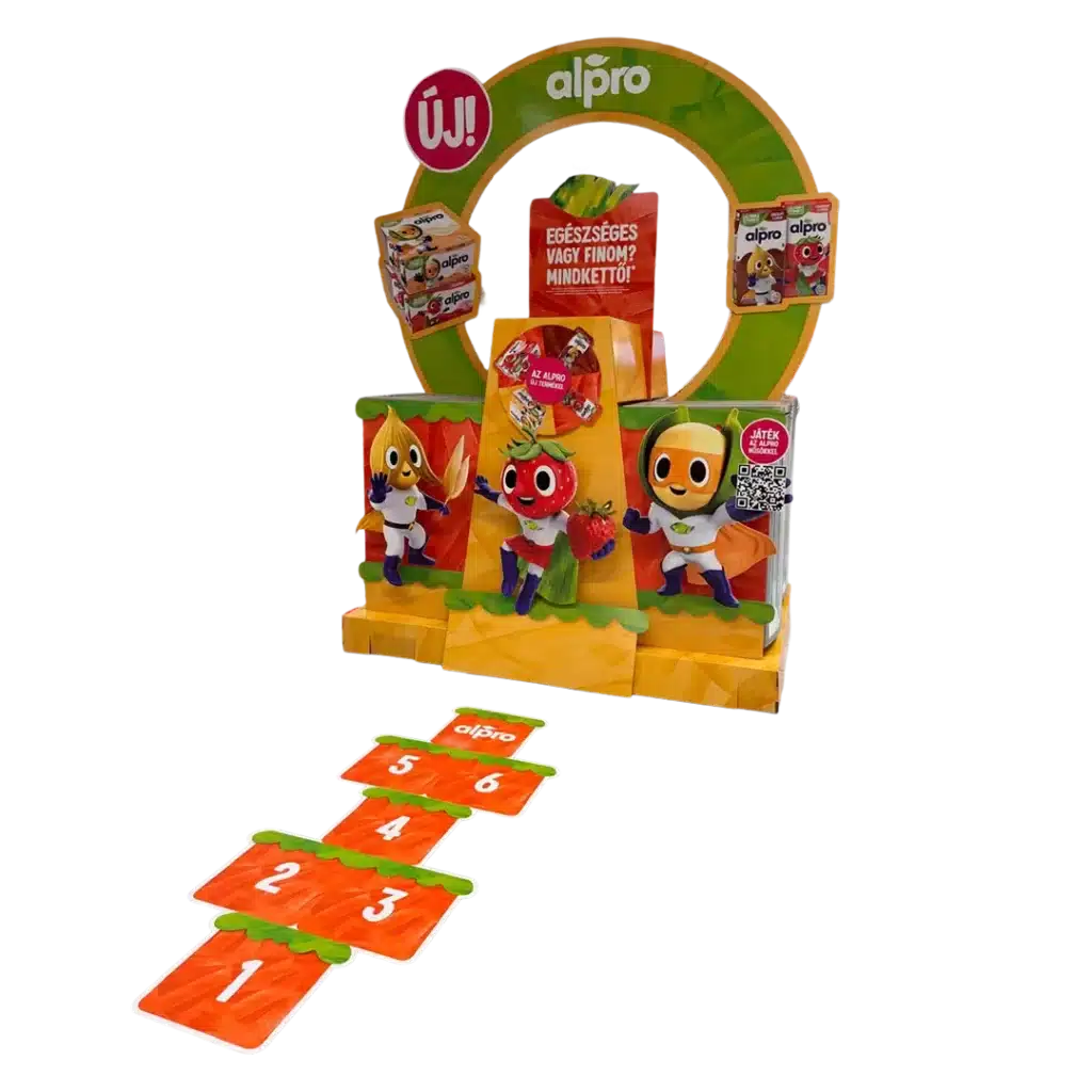 Alpro hullámkarton POS installáció növényi tejitalokhoz, komplex karton megjelenítő rendszer szupermarketekbe