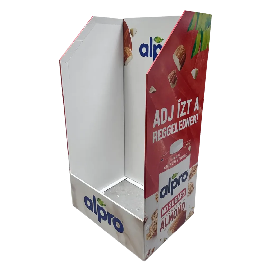 Alpro hullámkarton display növényi tejitalokhoz, karton POS megjelenítő állvány szupermarketekbe