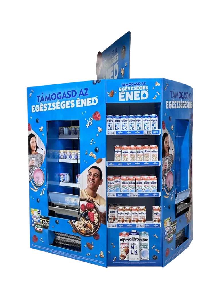 Alpro hullámkarton POS installáció növényi tejitalokhoz v2, komplex karton megjelenítő rendszer szupermarketekbe