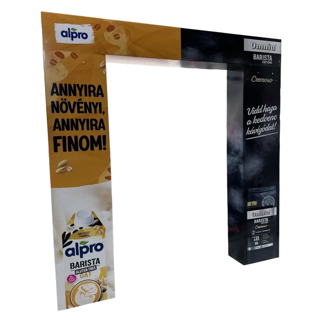 Alpro hullámkarton promóciós bejárati kapu növényi tejitalokhoz, POS dekoratív kapubejáró szupermarketekbe