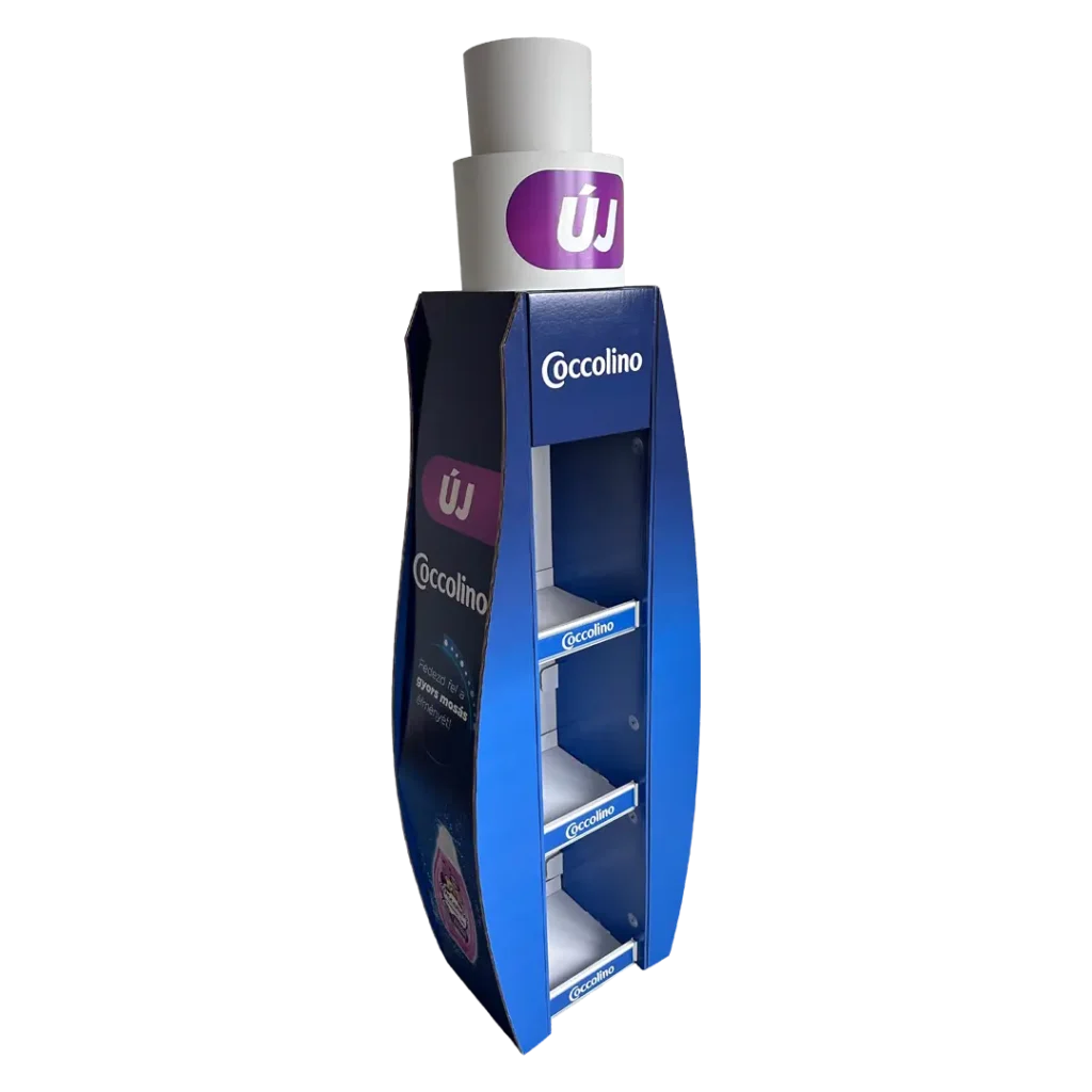 Coccolino hullámkarton display mosószer és illatosítószerekhez v3, karton POS megjelenítő állvány drogériákba
