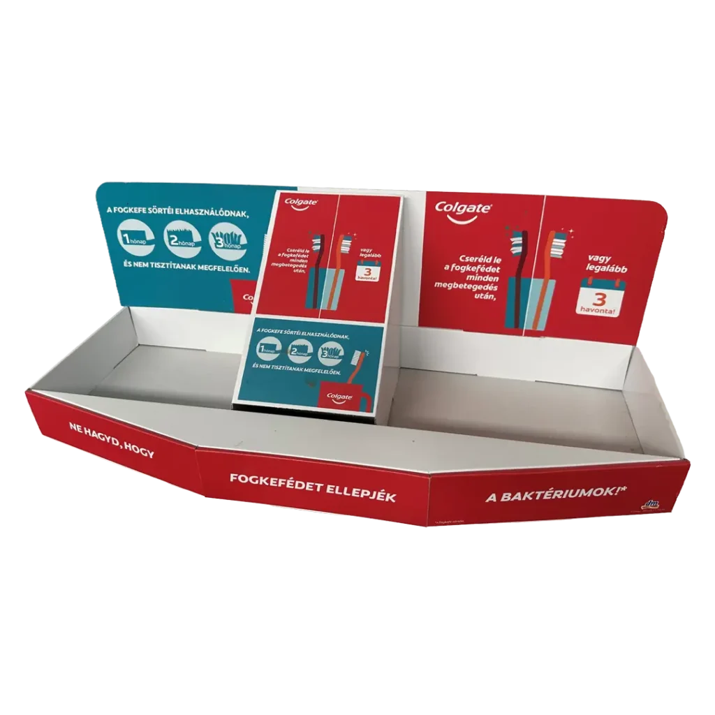 Colgate hullámkarton pultidisplay szájápolási termékekhez, kisméretű POS megjelenítő pultra helyezhető állvány