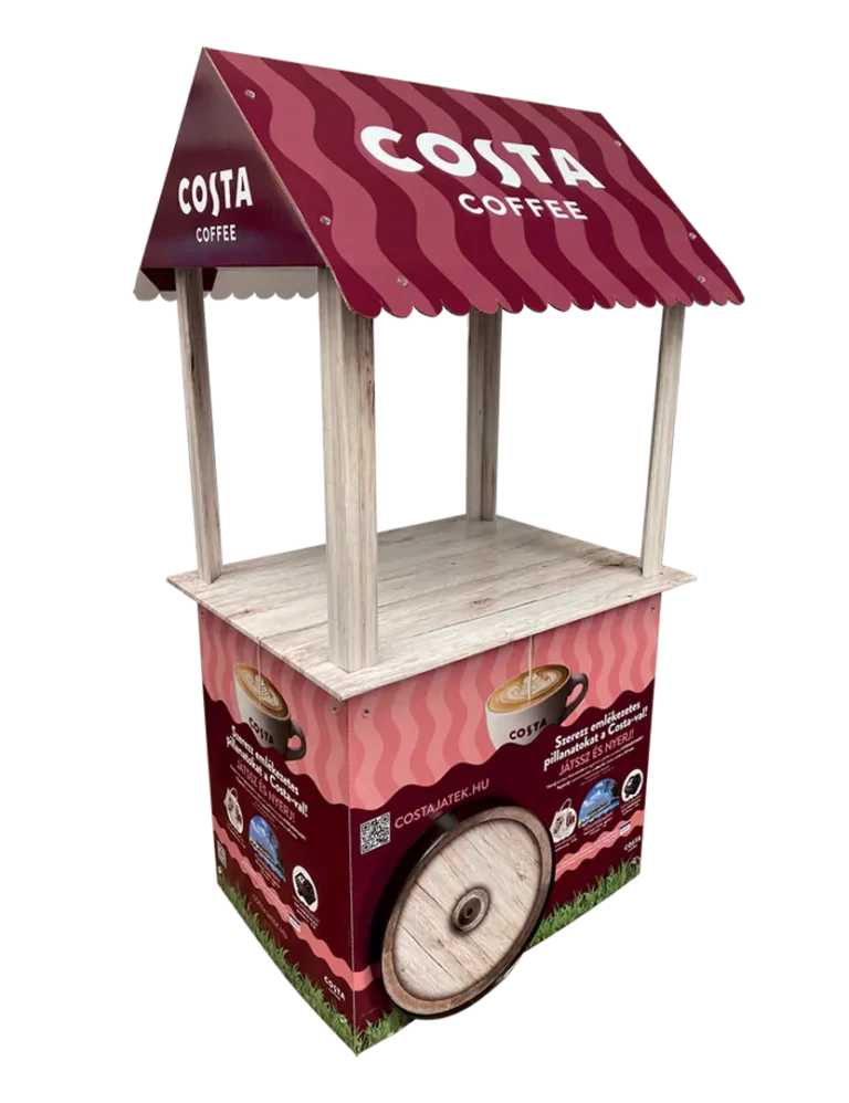 Costa Coffee egyedi hullámkarton kávé szekér alakú display, prémium karton POS megjelenítő állvány