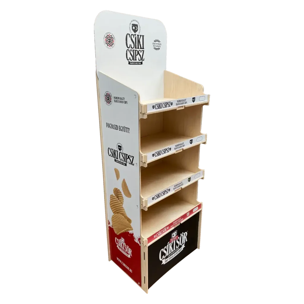 Csíki Sör fa alapú permanens display sörök megjelenítéséhez, tartós fa és karton kereskedelmi állvány