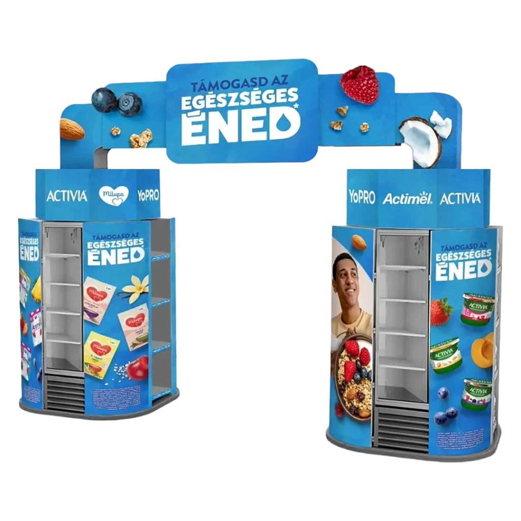 Danone hullámkarton POS installáció hűtőpult dekorációhoz, komplex karton megjelenítő rendszer tejtermékekhez
