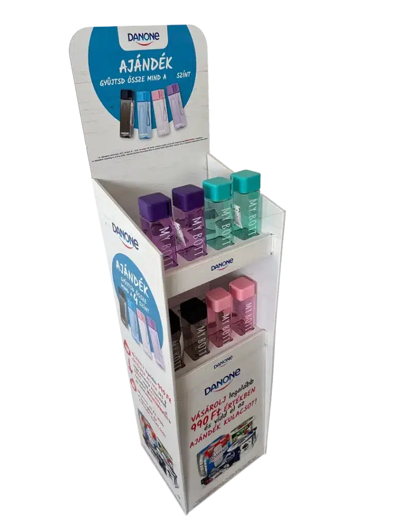Danone hullámkarton display tejtermékekhez, karton POS megjelenítő állvány élelmiszerüzletekbe
