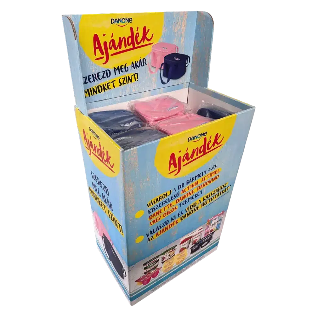 Danone hullámkarton display tejtermékekhez v2, karton POS megjelenítő állvány élelmiszerüzletekbe