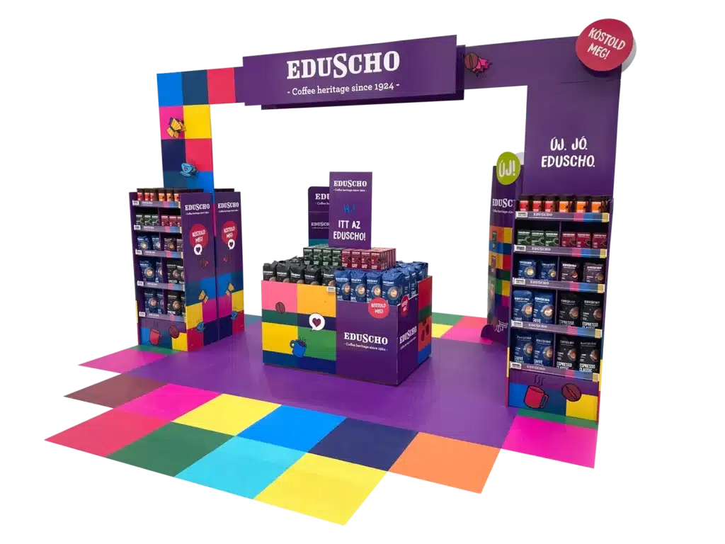 Eduscho hullámkarton kiállítási stand kávé termékekhez, egyedi karton stand vásárokra és kiállításokra
