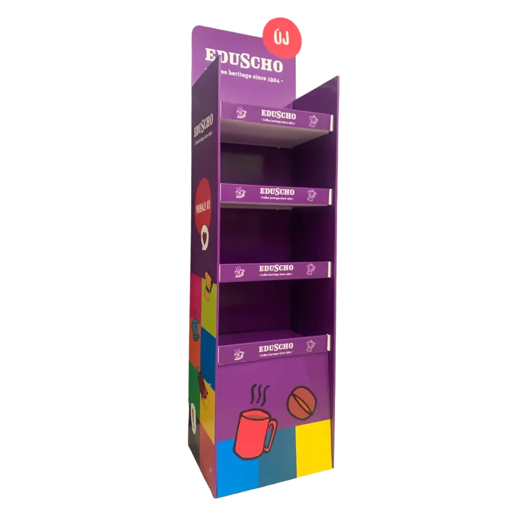 Eduscho hullámkarton kávé display állvány, POS megjelenítő karton állvány szupermarketekbe
