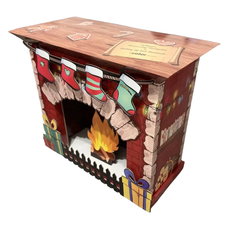 Egyedi hullámkarton ajándék kandalló display, kreatív karton POS megjelenítő állvány üzletekbe