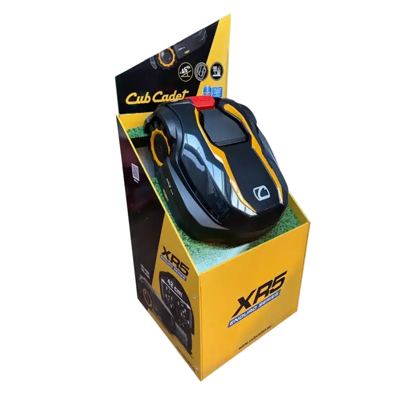 Egyedi hullámkarton fűnyíró display, szezonális POS megjelenítő állvány kertészeti termékekhez