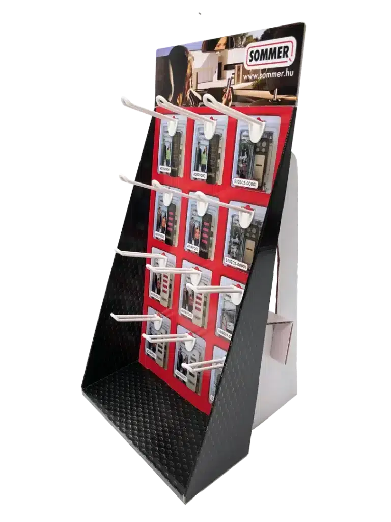 Egyedi hullámkarton kozmetikai kézmosó display, kampós POS megjelenítő állvány drogériákba