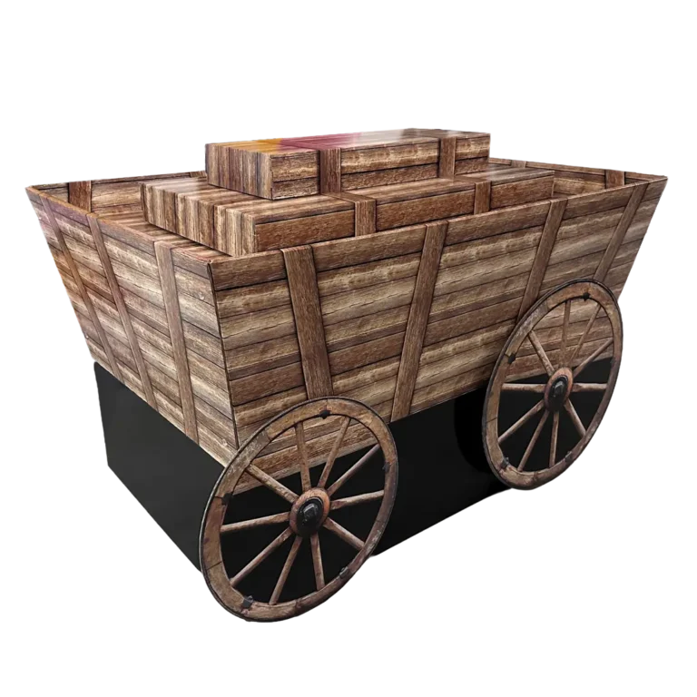 Egyedi hullámkarton szekér alakú display, kreatív karton POS megjelenítő állvány promóciós termékekhez