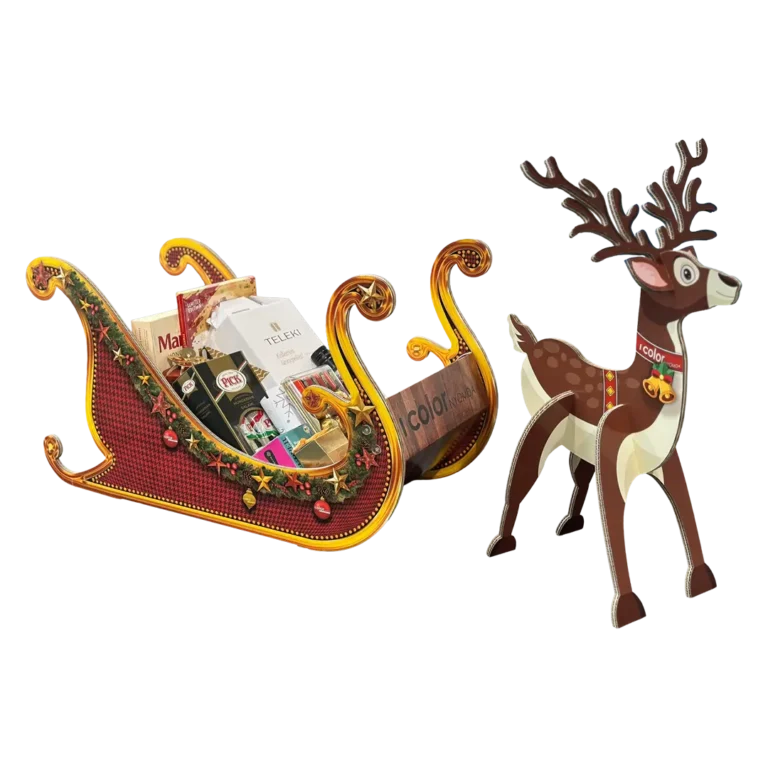 Egyedi hullámkarton ünnepi szánkó display rénszarvassal, karácsonyi POS megjelenítő állvány