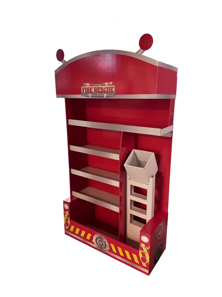 Egyedi hullámkarton tűzoltós tematikájú display, kreatív karton POS megjelenítő állvány játékokhoz