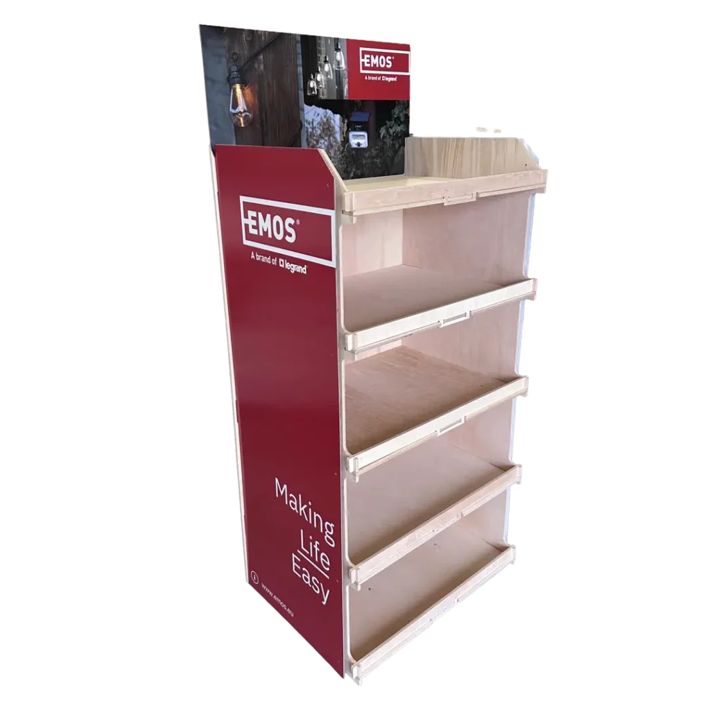 Emos fa alapú permanens display elektromos termékekhez, tartós fa kereskedelmi megjelenítő állvány