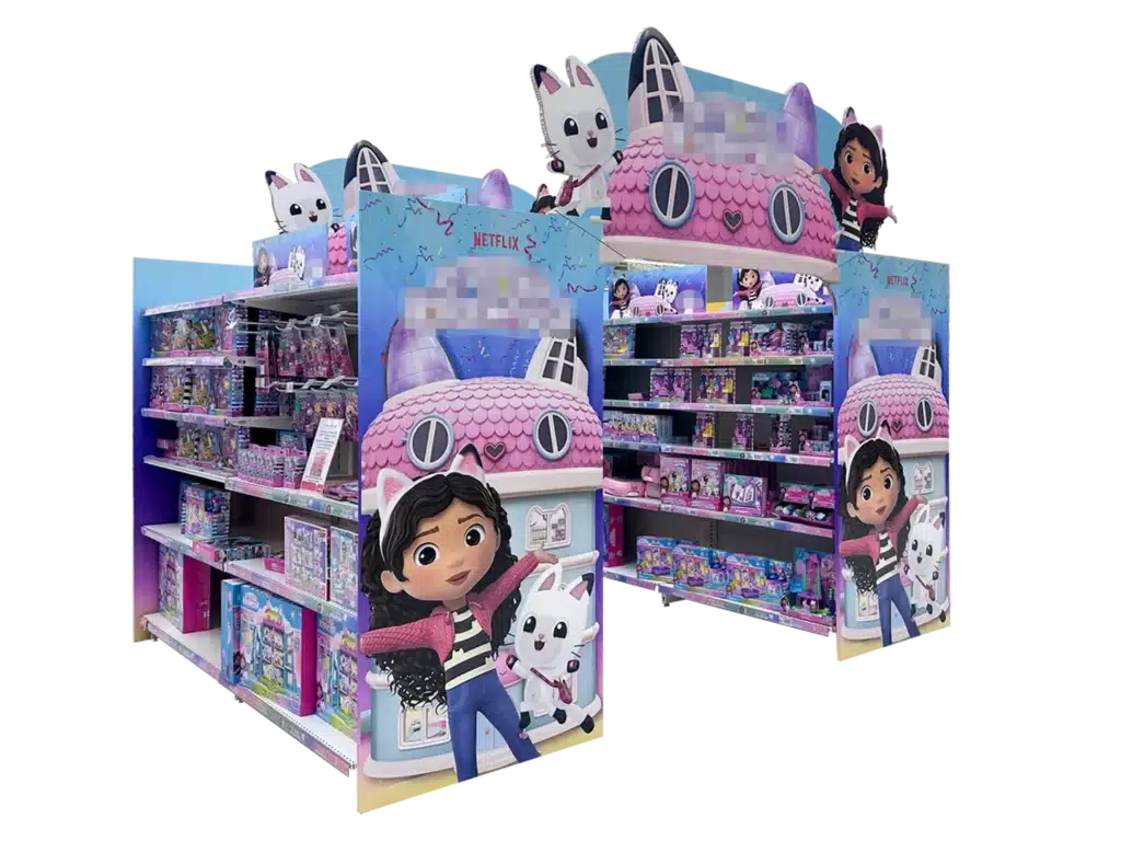 Gabby hullámkarton kiállítási stand játékszerekhez, egyedi karton stand gyermektermékek promóciójára