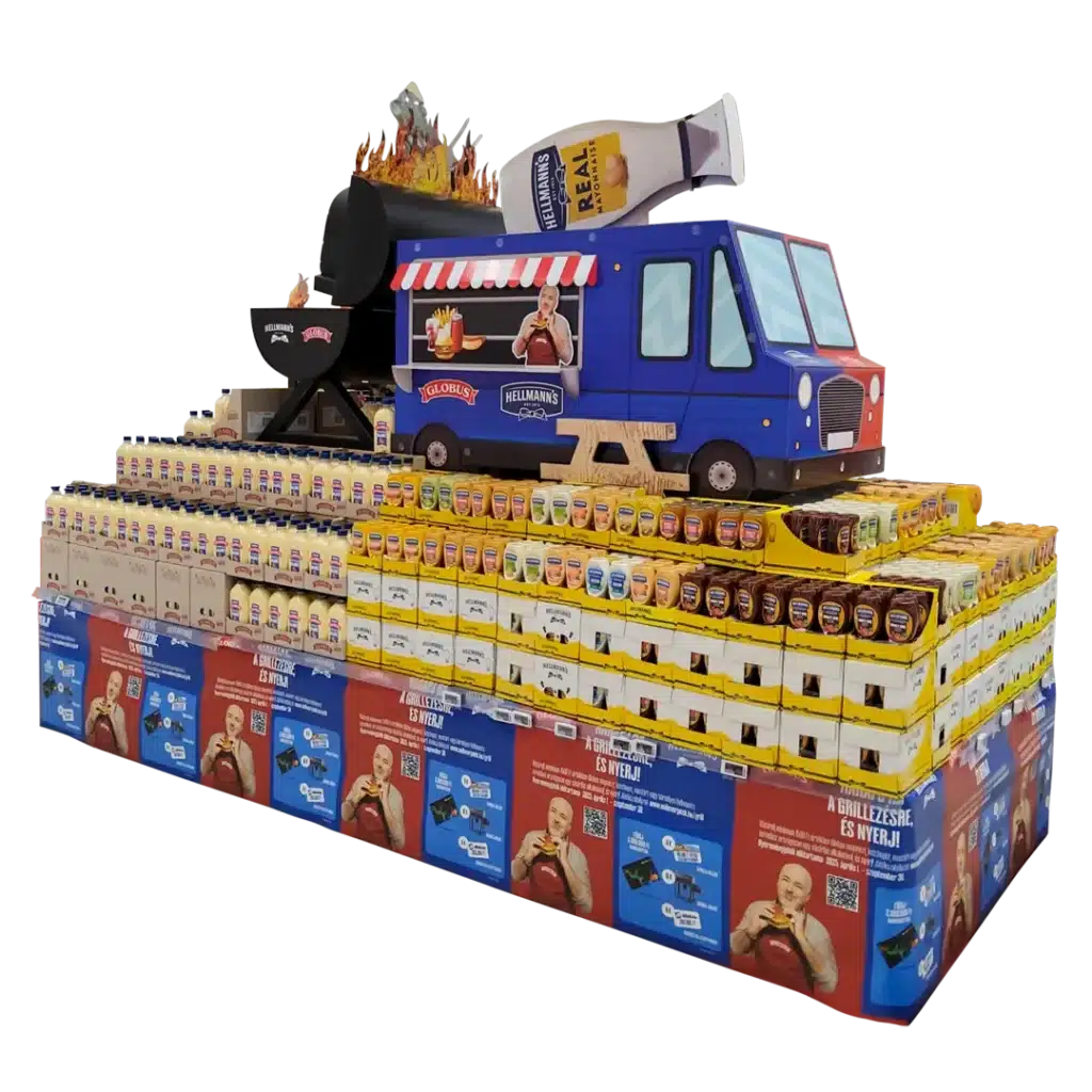 Globus x Hellmann's hullámkarton POS installáció élelmiszer promóciókhoz, komplex karton megjelenítő rendszer