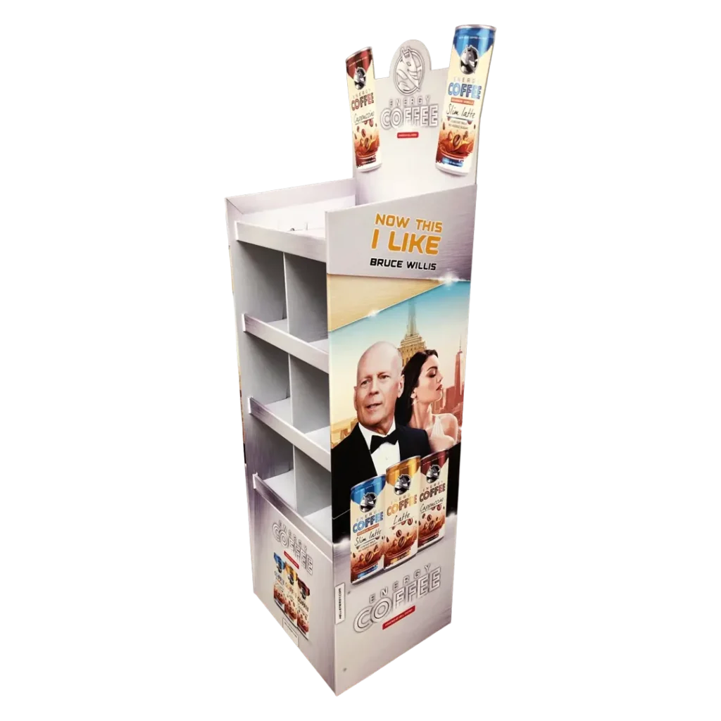 Hell Energy hullámkarton energiaital és kávé display, karton POS megjelenítő állvány üzletekbe és benzinkutakra