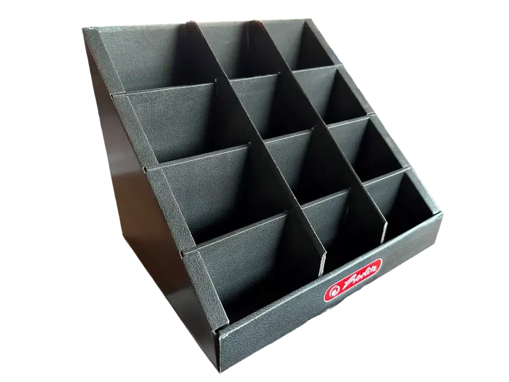 Hertz hullámkarton pultidisplay elektronikai termékekhez, kisméretű POS megjelenítő pultra helyezhető állvány