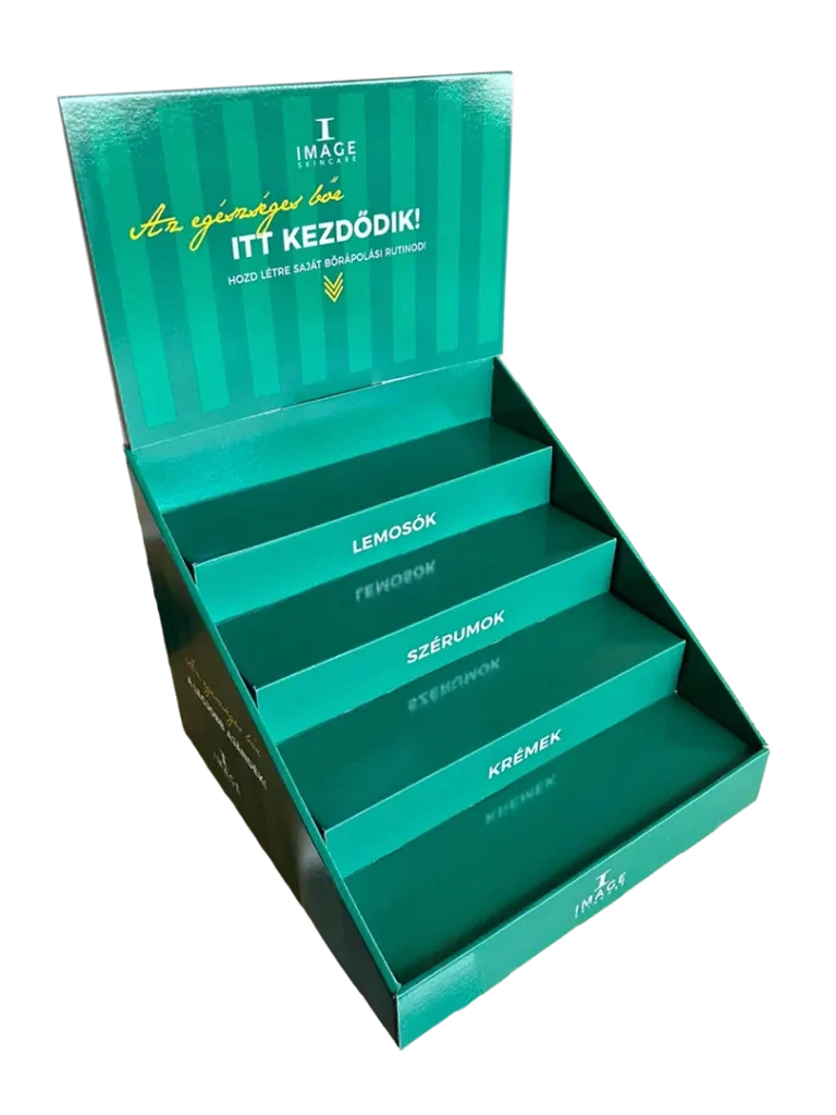 i-Image hullámkarton pultidisplay fotó és képalkotó termékekhez, kisméretű POS megjelenítő pultra helyezhető állvány