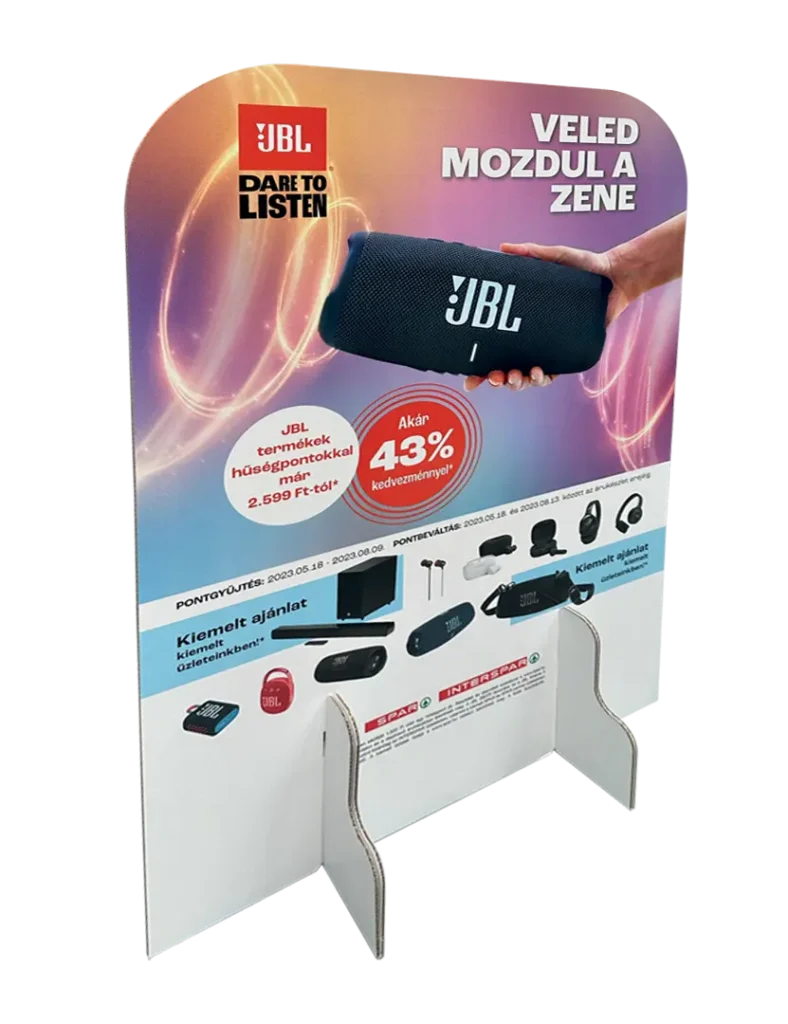 JBL hullámkarton standy hangszóró és elektronikai termékekhez, POS megjelenítő padlóra helyezhető állvány
