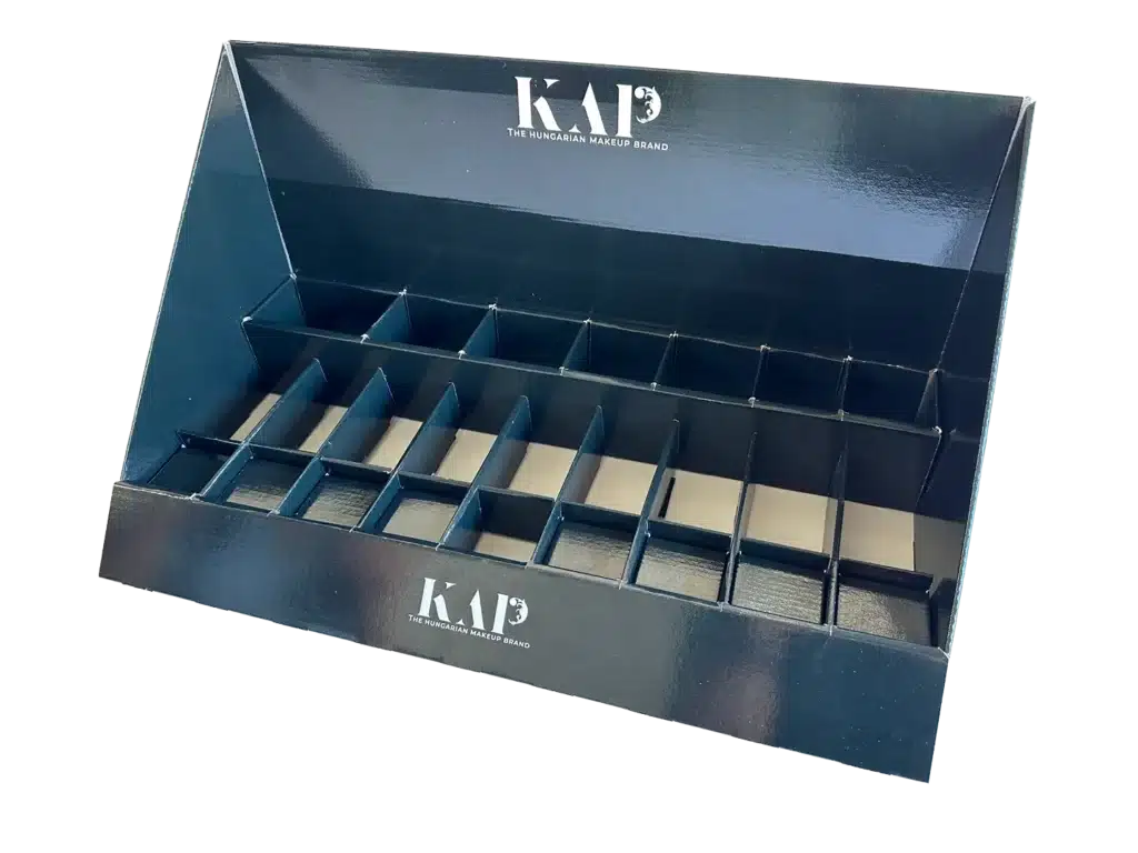 Hullámkarton kampós pultidisplay kisebb termékek megjelenítéséhez, akasztós POS pultra helyezhető állvány