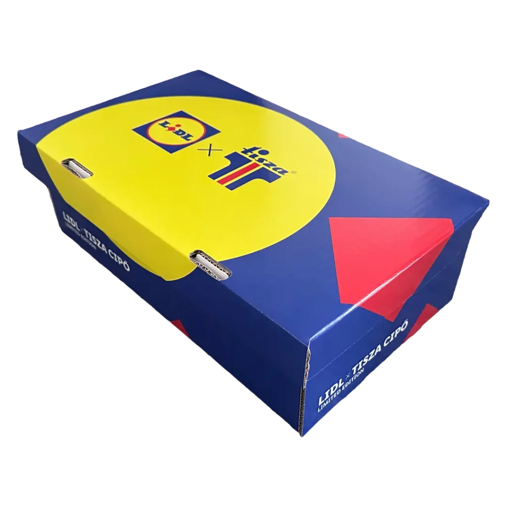 Lidl x Tisza egyedi nyomott hullámkarton cipődoboz, karton csomagolás lábbeli termékekhez