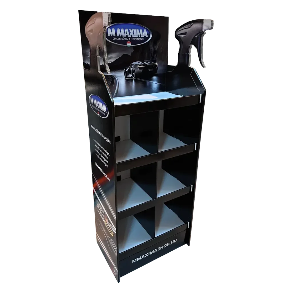 M-Maxima hullámkarton display, karton POS megjelenítő állvány szupermarketekbe