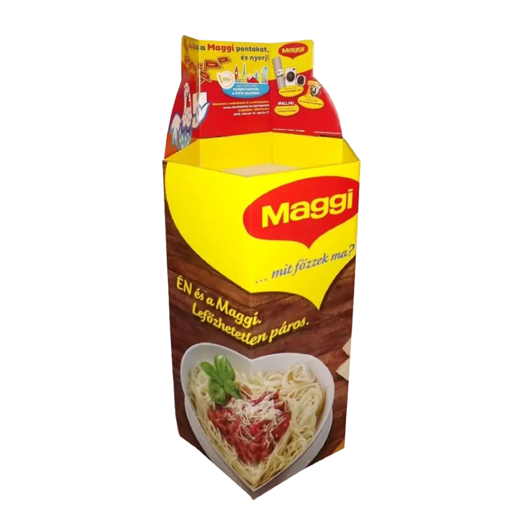 Maggi hullámkarton display fűszer és ételízesítő termékekhez, karton POS megjelenítő állvány szupermarketekbe