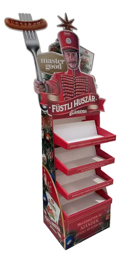 Master Good hullámkarton display húsipari termékekhez, karton POS megjelenítő állvány élelmiszerüzletekbe