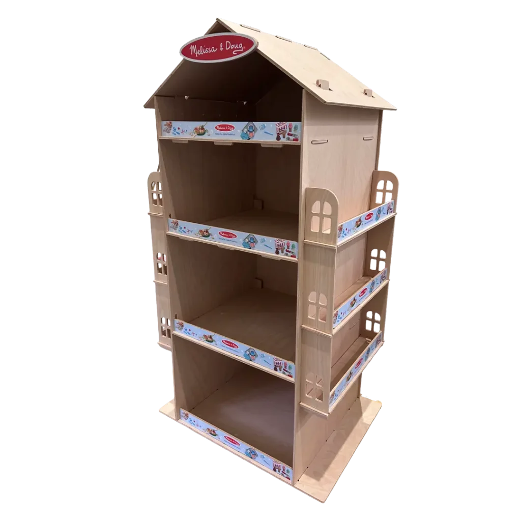 Melissa & Doug fa alapú permanens display fa játékszerekhez, tartós fa kereskedelmi megjelenítő állvány gyermekboltokba