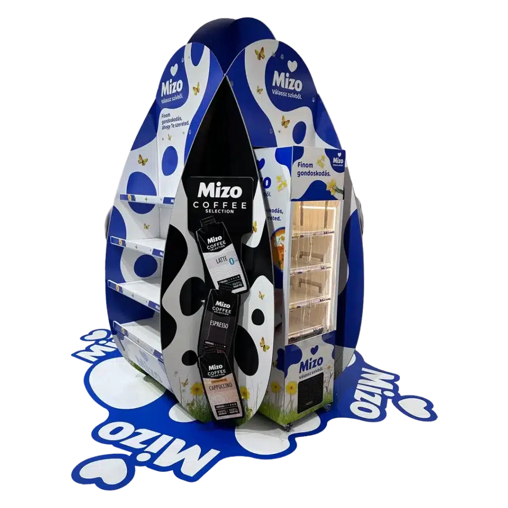 Mizo hullámkarton POS installáció tojásdobozokhoz v2, komplex karton megjelenítő rendszer szupermarketekbe