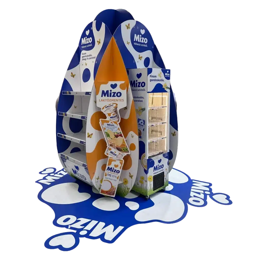 Mizo hullámkarton POS installáció tojásdobozokhoz, nagyszabású karton megjelenítő rendszer szupermarketekbe