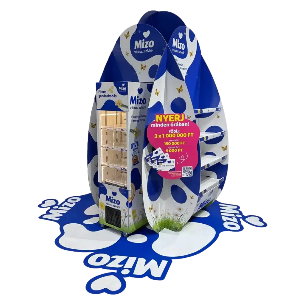 Mizo hullámkarton POS installáció tojásdobozokhoz v1, komplex karton megjelenítő rendszer szupermarketekbe
