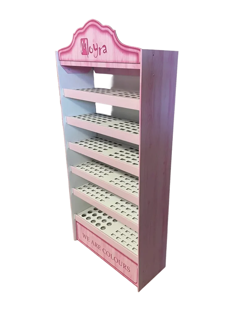 Moyra hullámkarton display kozmetikai termékekhez, karton POS megjelenítő állvány drogériákba és szalonokba