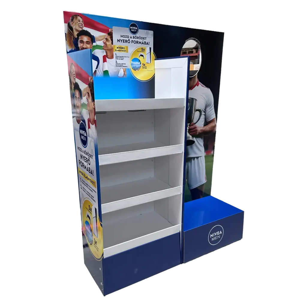 Nivea hullámkarton display testápolási termékekhez, karton POS megjelenítő állvány drogériákba