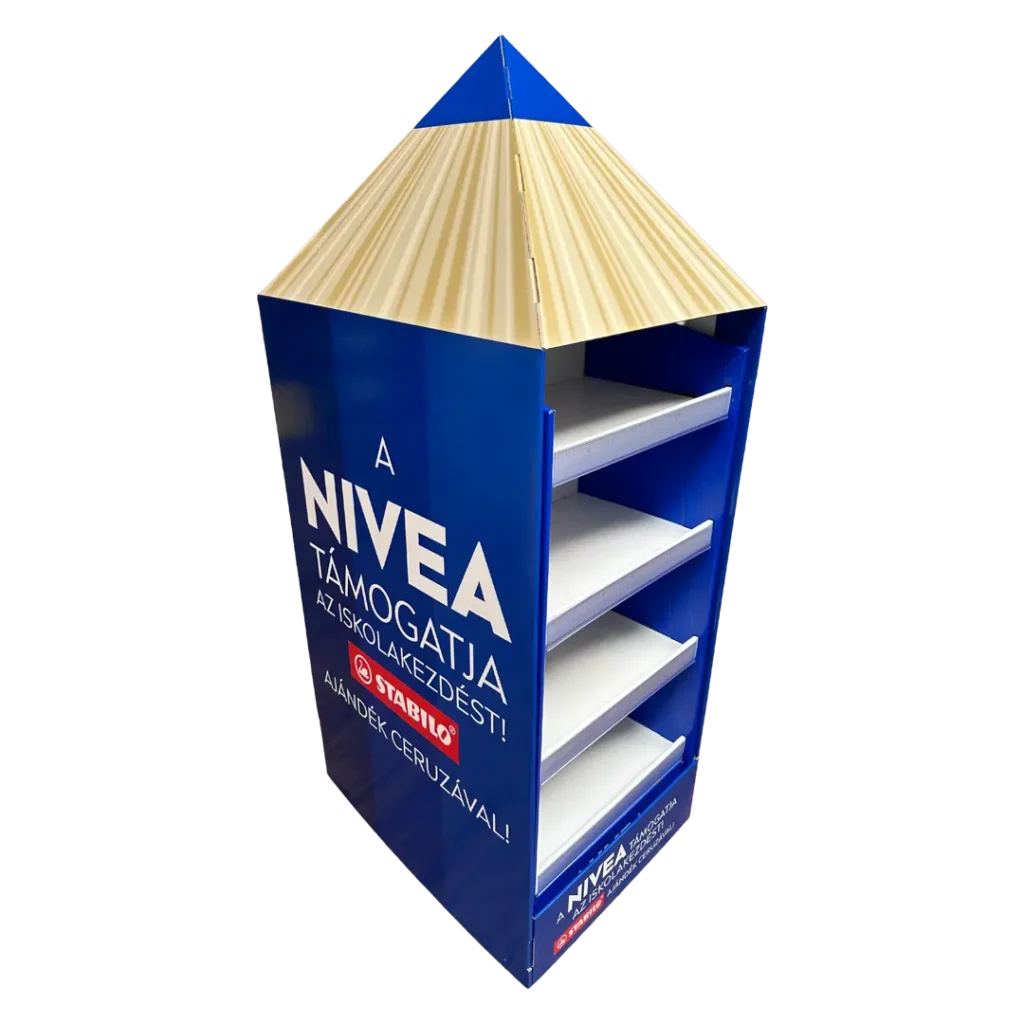 Nivea hullámkarton display testápolási termékekhez v2, karton POS megjelenítő állvány drogériákba