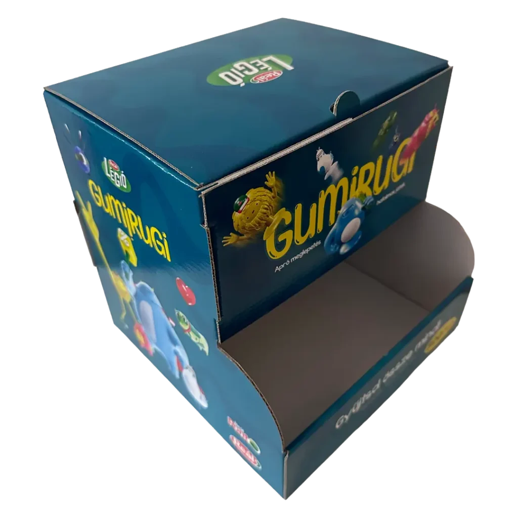 Hullámkarton pultidisplay gumirugó termékekhez, kisméretű akasztós POS megjelenítő pultra helyezhető állvány