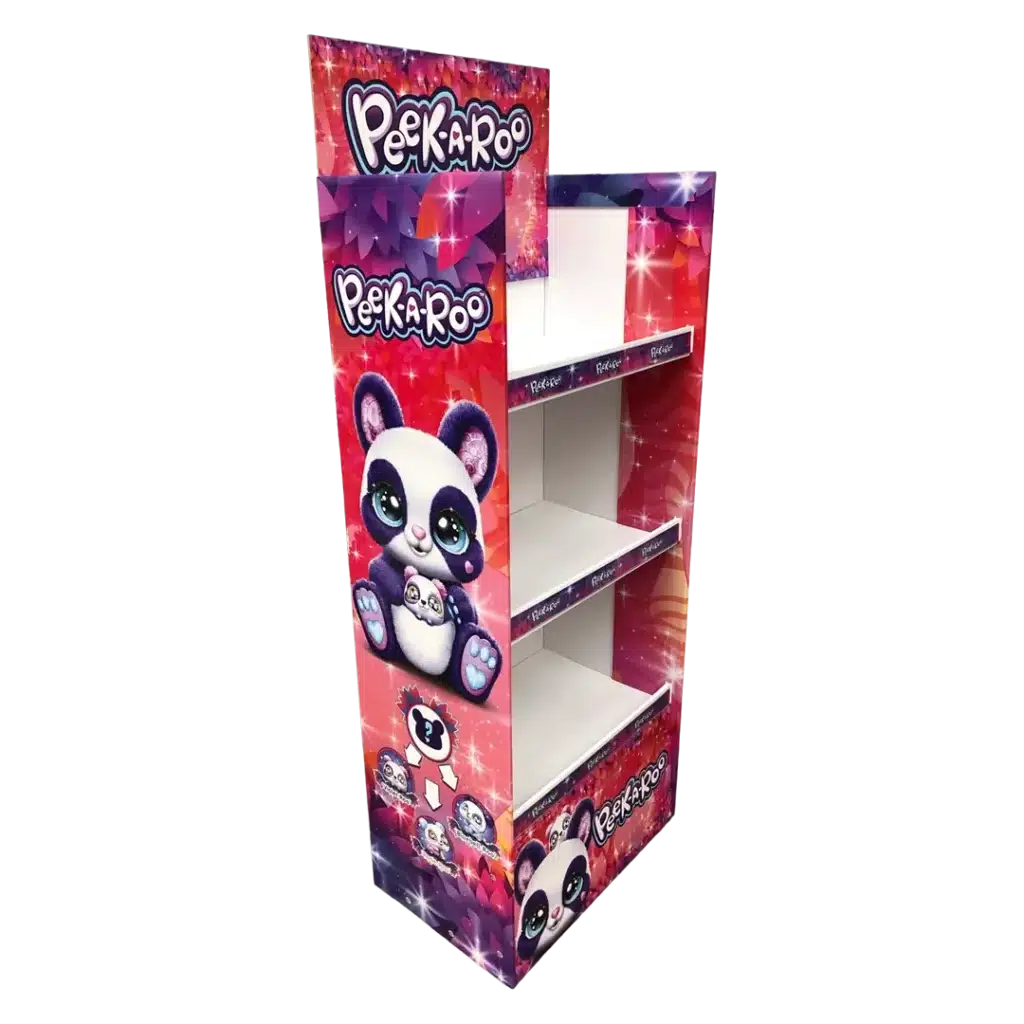 Peek A Roo hullámkarton display kreatív gyermekjátékokhoz, karton POS megjelenítő állvány kiskereskedelembe