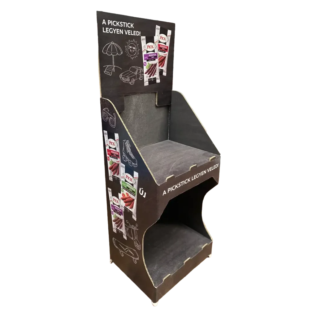 Pick Szeged hullámkarton display szalámi és húskészítményekhez, karton POS megjelenítő állvány élelmiszerüzletekbe