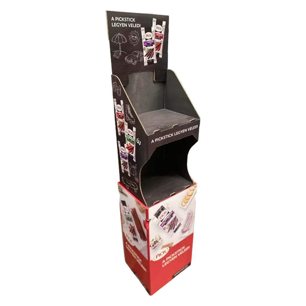 Pick Szeged hullámkarton display szalámi és húskészítményekhez v2, karton POS megjelenítő állvány élelmiszerüzletekbe
