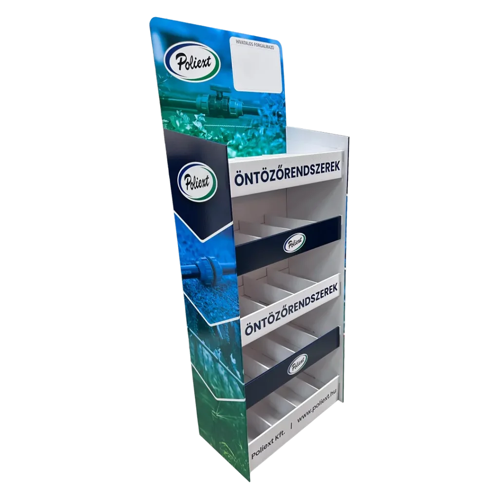 Poliext hullámkarton display műanyag bútor és kültéri termékekhez, karton POS megjelenítő állvány