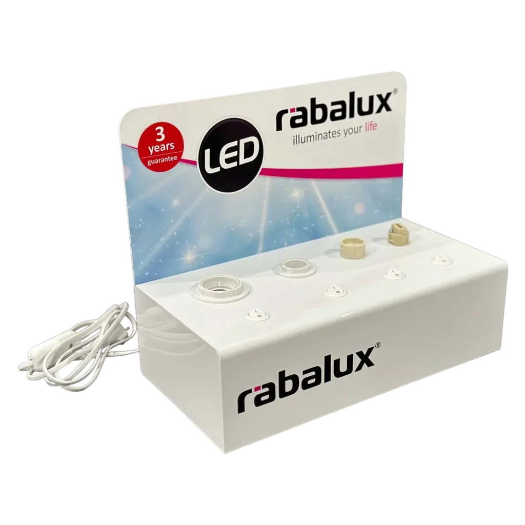 Rabalux hullámkarton pultidisplay világítástechnikai termékekhez, kisméretű POS megjelenítő pultra helyezhető állvány