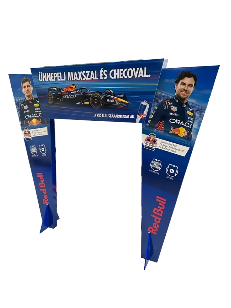 Red Bull hullámkarton promóciós bejárati kapu energiaitaltokhoz, POS dekoratív kapubejáró kiskereskedelembe