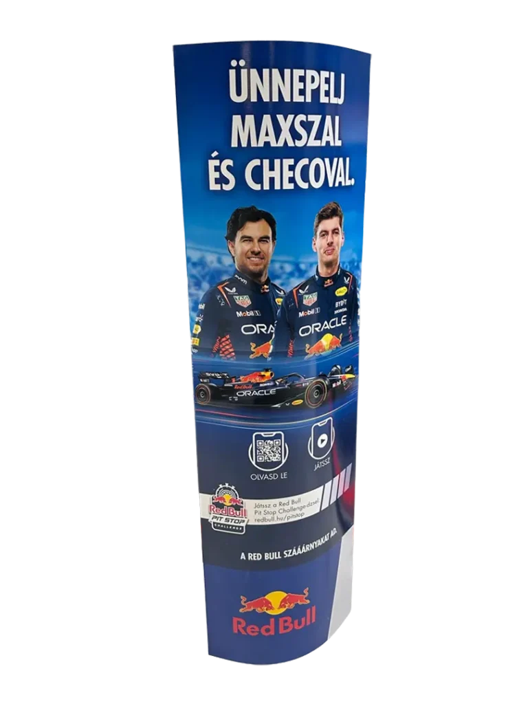 Red Bull hullámkarton standy energiaitalokhoz, egyedi megjelenésű karton POS állvány üzletek padlójára