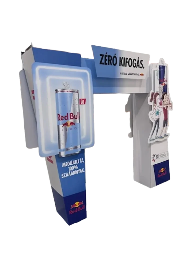 Red Bull hullámkarton promóciós bejárati kapu energiaitaltokhoz v2, POS dekoratív kapubejáró kiskereskedelembe