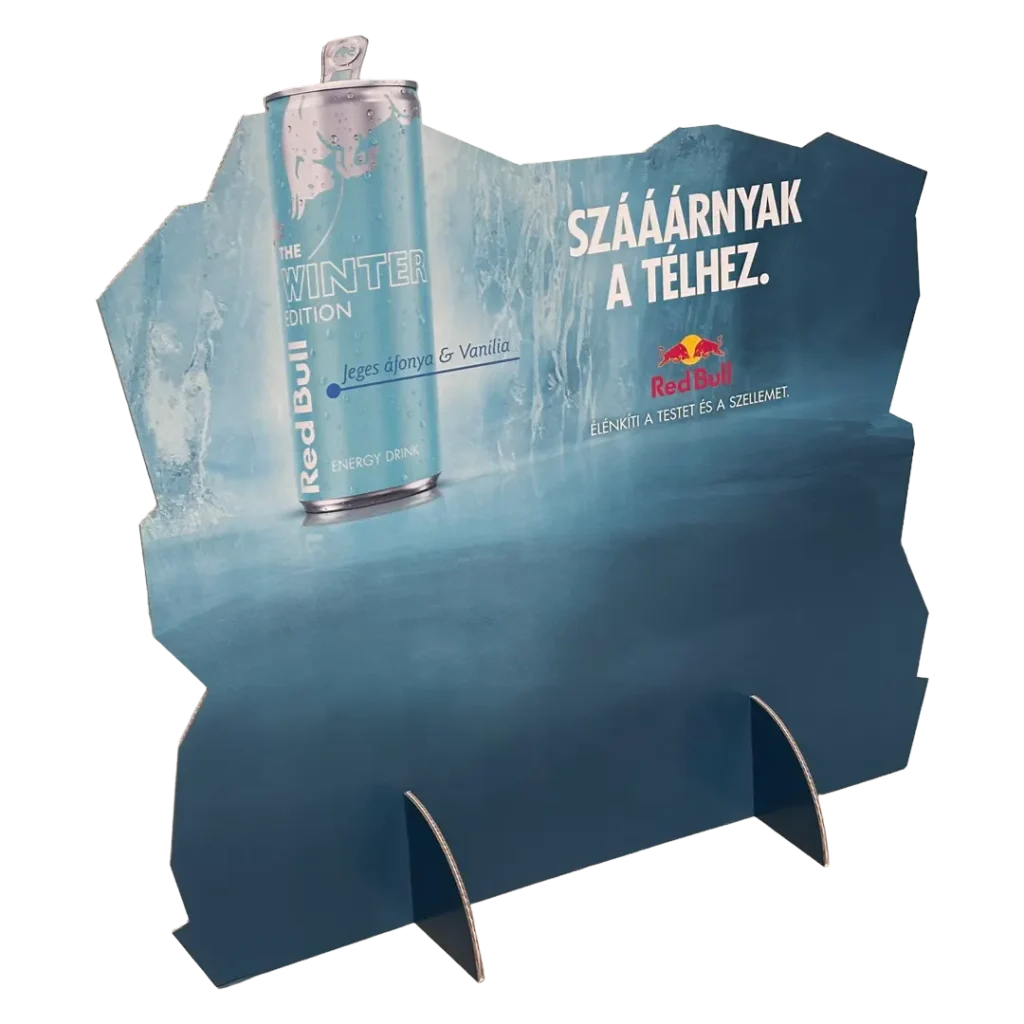 Red Bull hullámkarton standy energiaitalokhoz v2, egyedi megjelenésű karton POS állvány üzletek padlójára