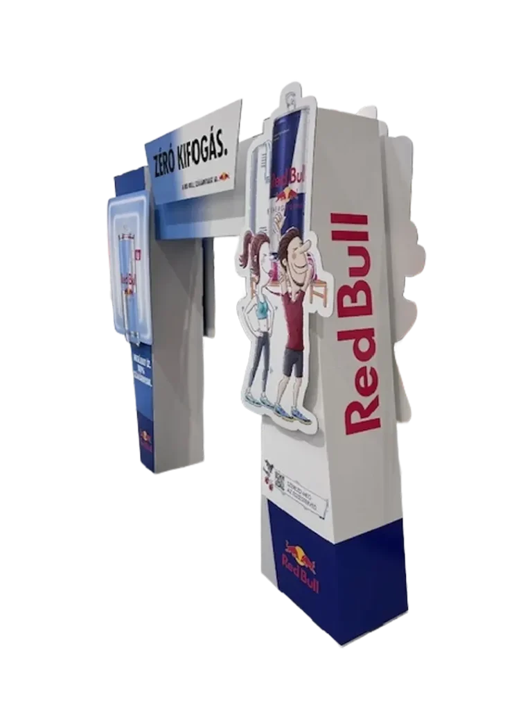 Red Bull hullámkarton promóciós bejárati kapu energiaitaltokhoz v3, POS dekoratív kapubejáró kiskereskedelembe